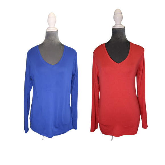 Eddie Bauer T-Shirt Lot Women 2/Pk Long Sleeve V-Neck Cotton-Blend Colorful Sz L - Picture 1 of 5